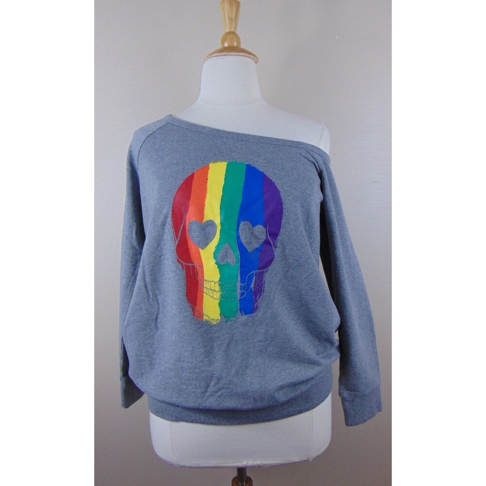 Torrid Top Plus Size 1X Off-Shoulder Sweatshirt Rainbow Skull Grey Women's